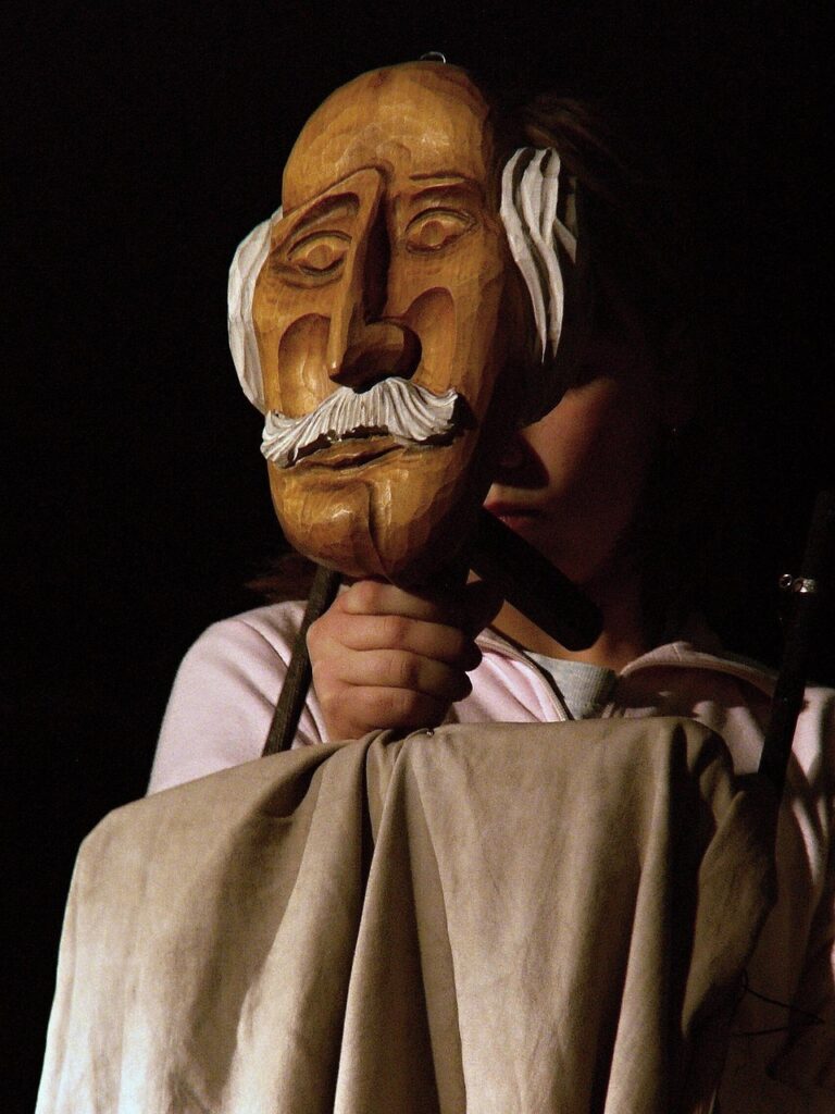 puppet, wooden, old man, puppet driver, theatre